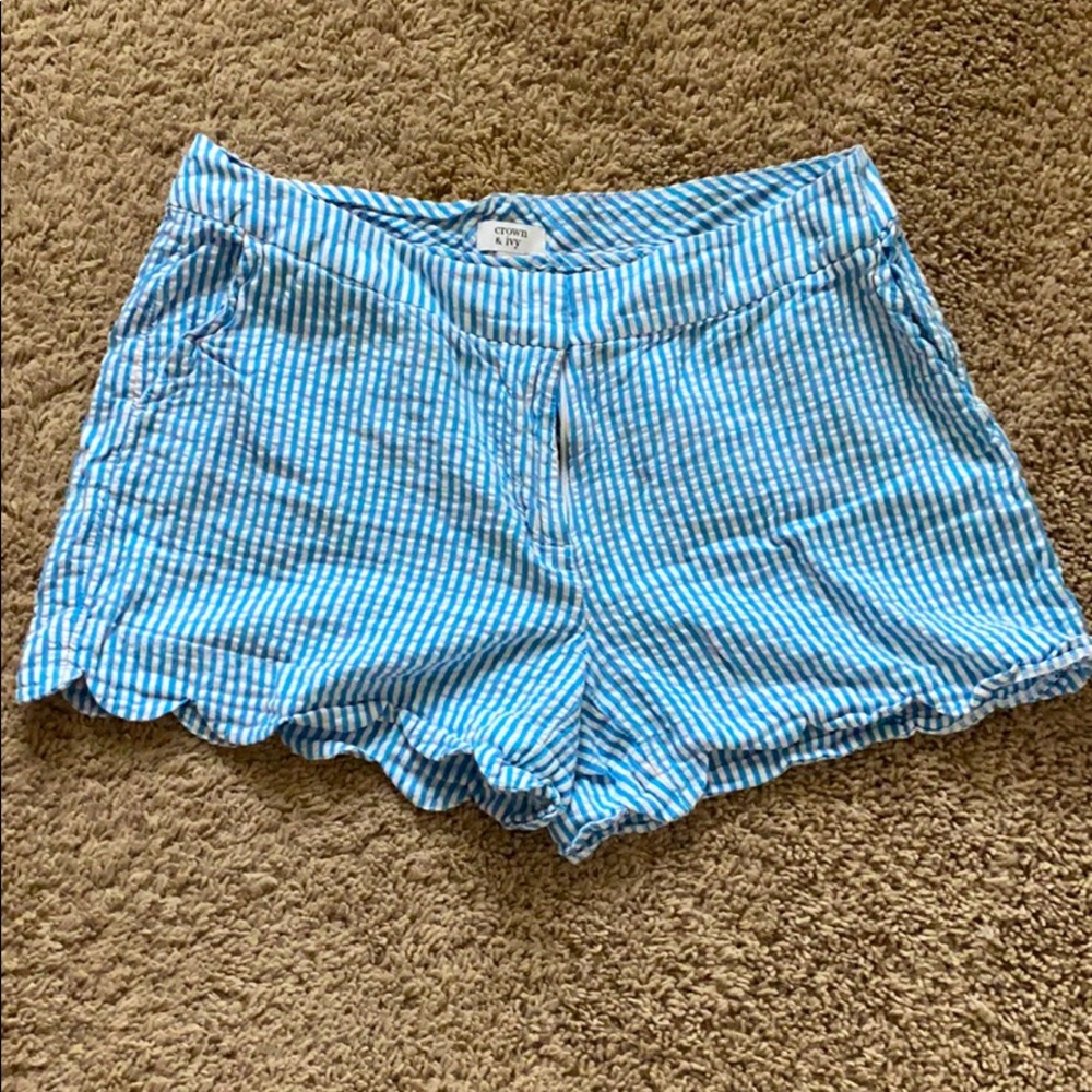 Blue and white striped shorts.